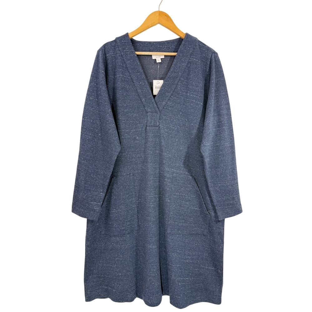 NWT J.Jill Pure Jill Dress 2X Indigo Blue Relaxed Artsy Long Sleeve Pocket Midi - Picture 2 of 10